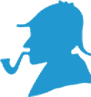 Blue silhouette of a person in profile wearing a deerstalker hat and smoking a pipe, often associated with the fictional detective Sherlock Holmes.