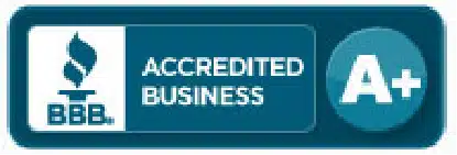 A blue badge displaying the Better Business Bureau (BBB) torch logo, the words "Accredited Business," and an "A+" rating in a white font on a blue circular background.