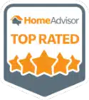 A badge with the HomeAdvisor logo and text reading "Top Rated" above four orange stars, representing a top rating distinction.