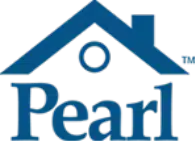 Blue logo with the word "Pearl" below a stylized house roof, including a chimney and a circular window in the center under the roof peak.