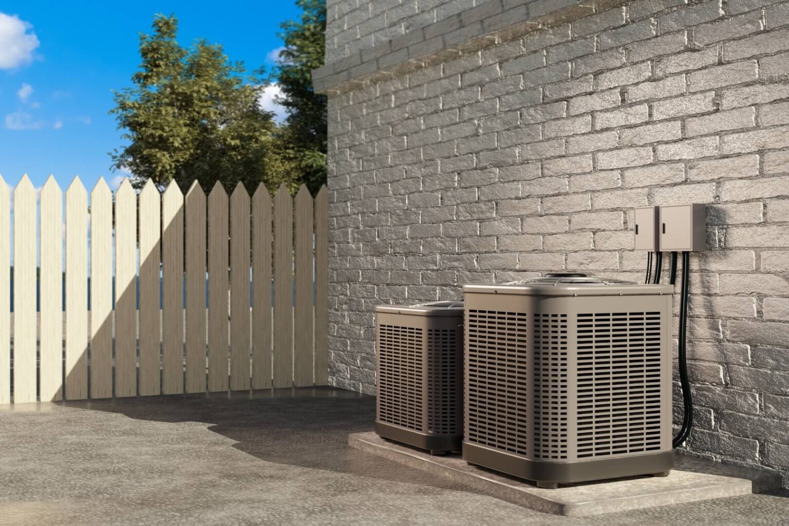 Two outdoor HVAC units, part of our expert cooling services, are set on a concrete pad beside a gray brick wall. Electrical wiring runs above, while a wooden picket fence and trees appear in the background under the blue sky.