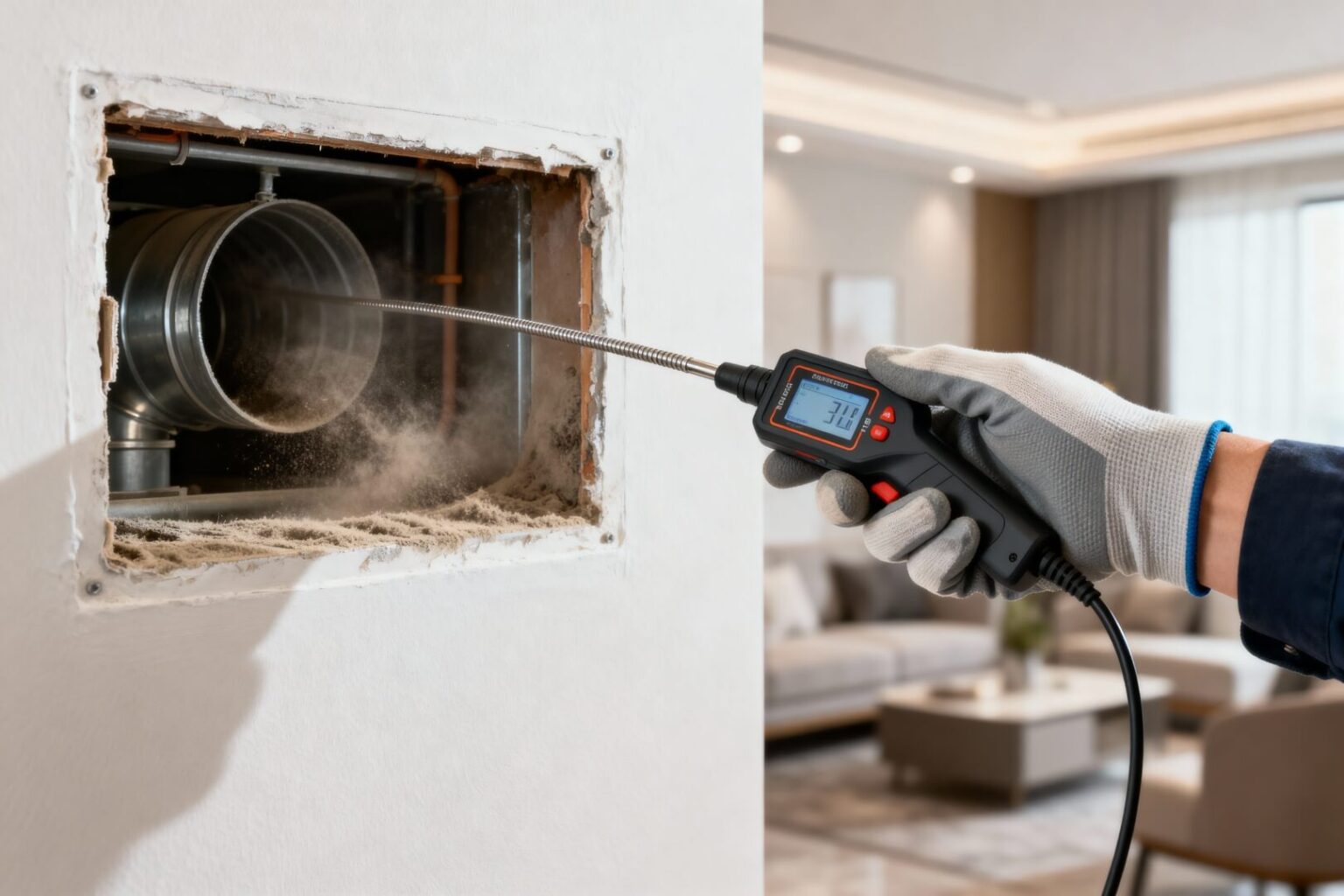 A person wearing a glove inserts an inspection camera with a digital display into an air duct opening in a wall, with dust visible inside, showcasing professional Air Duct Repair in a modern living room setting.