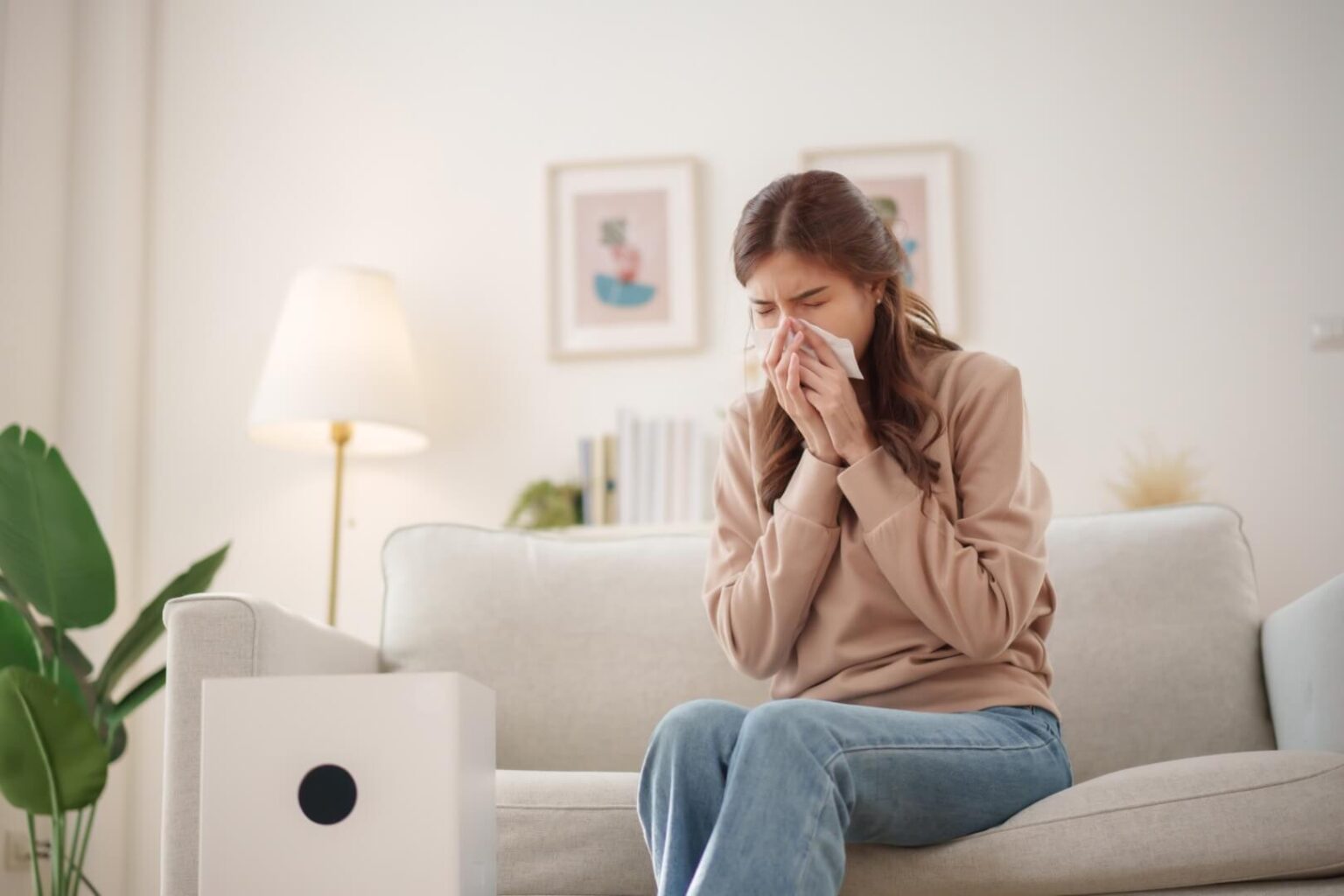 A woman sitting on a couch in a neutral-toned living room sneezes into a tissue, while a white air purifier helps improve the air. Enhance comfort with an indoor air quality service San Diego residents trust for healthier homes.
