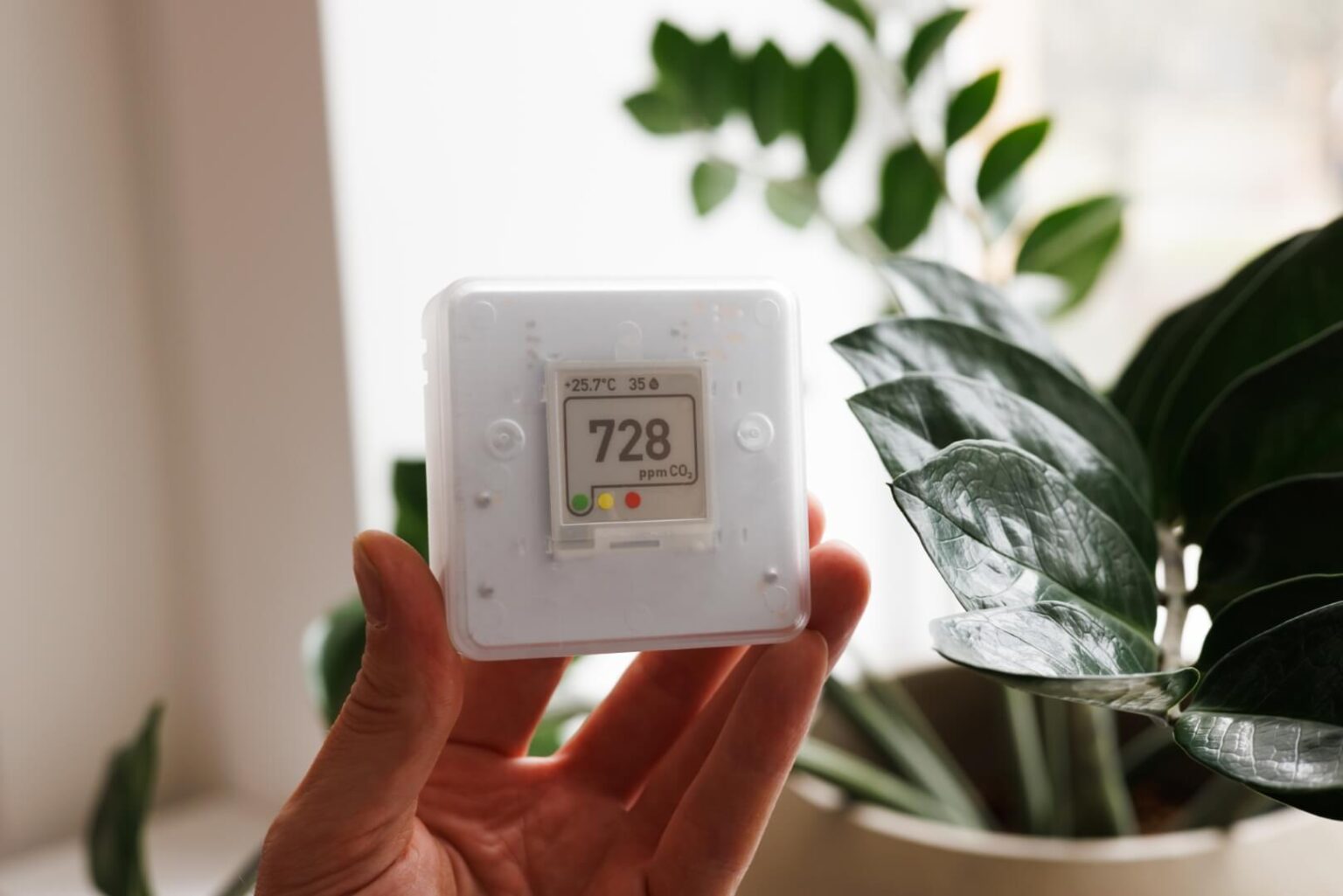 A hand holds a digital CO2 meter reading 728 ppm, with temperature and humidity shown above, in front of a potted plant near a window—ideal for checking levels after an indoor air quality service San Diego residents trust.