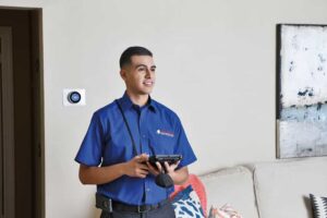 A person in a blue uniform stands indoors holding a tablet device. There is a beige couch with patterned pillows and an abstract painting on the wall behind them. A thermostat is visible in the background.