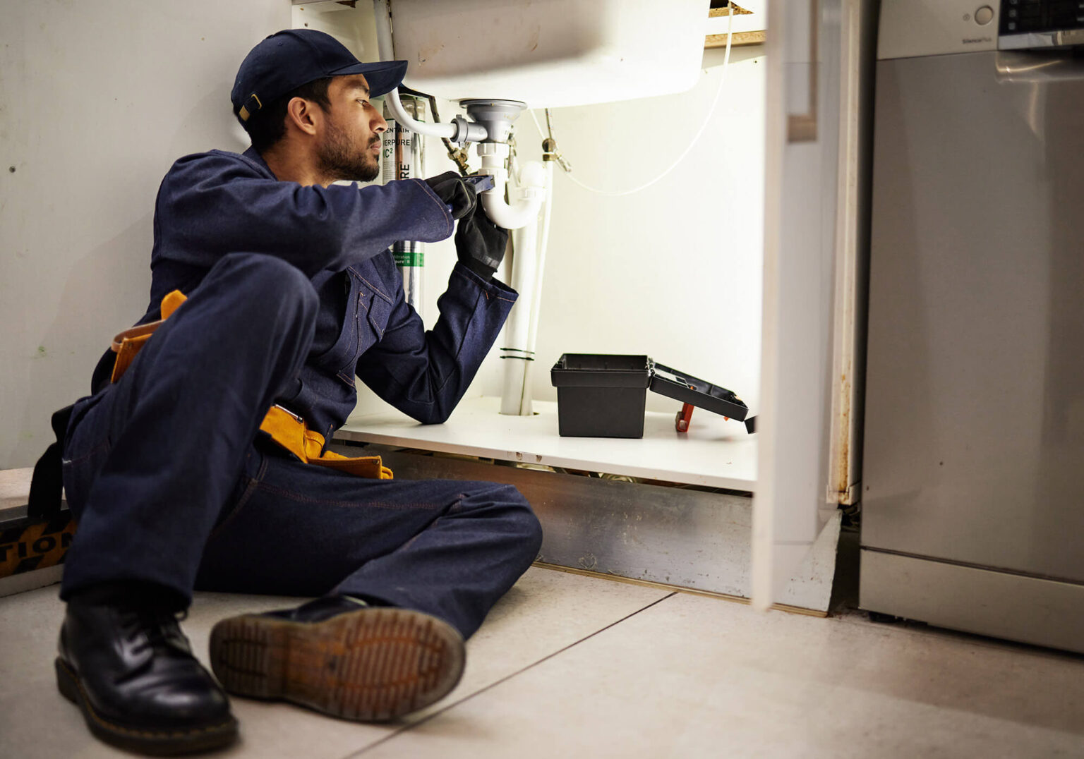 A plumber in blue work clothes sits on the floor and repairs a pipe under a sink. A black toolbox with tools is open beside him. He uses a wrench and looks focused on his Plumbing Repair San Diego task.