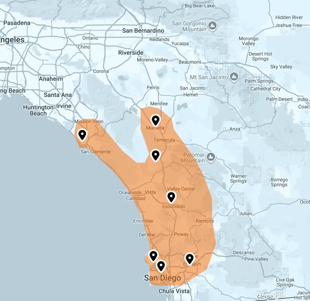 A Service Area Map displays an orange-shaded region across Southern California, including San Diego, Temecula, and Escondido, with six labeled pin markers within the highlighted area.