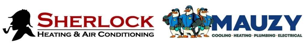 Logos for two companies: "Sherlock Heating & Air Conditioning" featuring a Sherlock Holmes silhouette, and "Mauzy" with four cartoon ducks in blue uniforms. Text under Mauzy highlights: Cooling, Heating, Plumbing, Electrical.