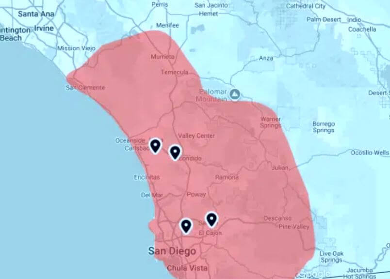 A Sherlock service area map of southern California highlights the Service Area with a shaded red region covering San Diego and neighboring cities. Four map pins are marked within the area, and major city names are labeled for easy reference.