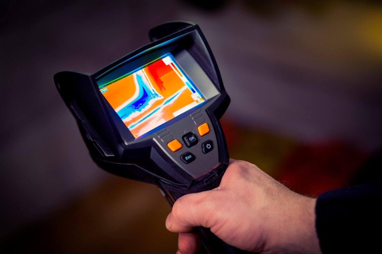 A person holds a thermal imaging camera, often used in slab leak service San Diego, displaying a color-coded heat map. The camera’s buttons and controls are visible, with temperature variations shown in red, orange, blue, and white on the screen.