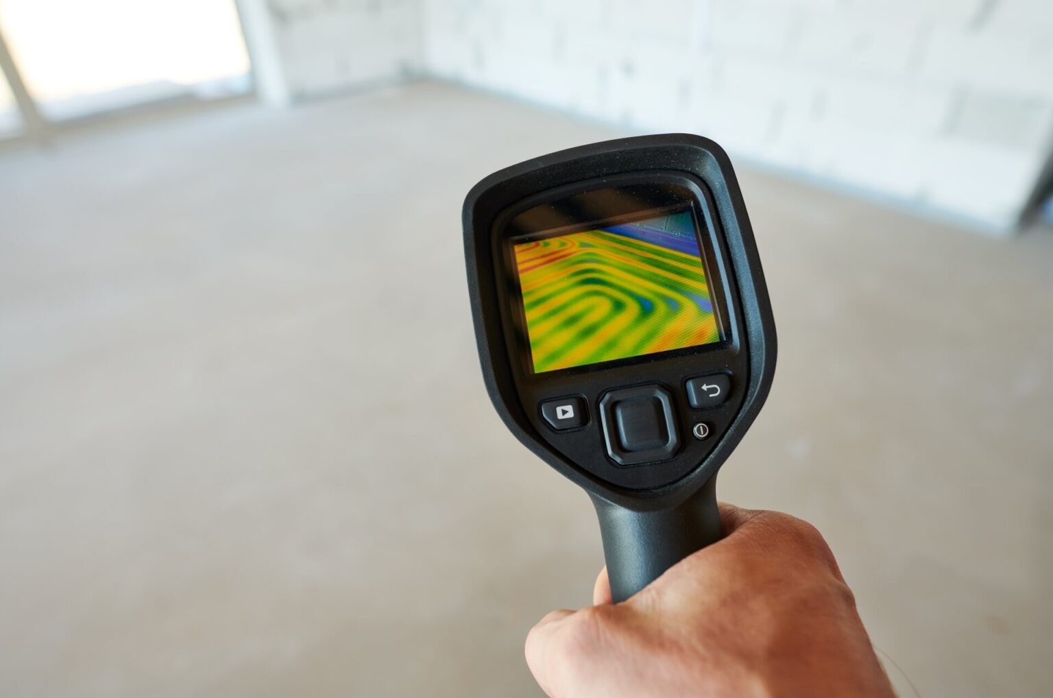 A person holds a thermal imaging camera showing a heat map pattern on its screen, inside a room with unfinished walls and a bare floor—ideal for detecting issues during a slab leak service San Diego homeowners may need.