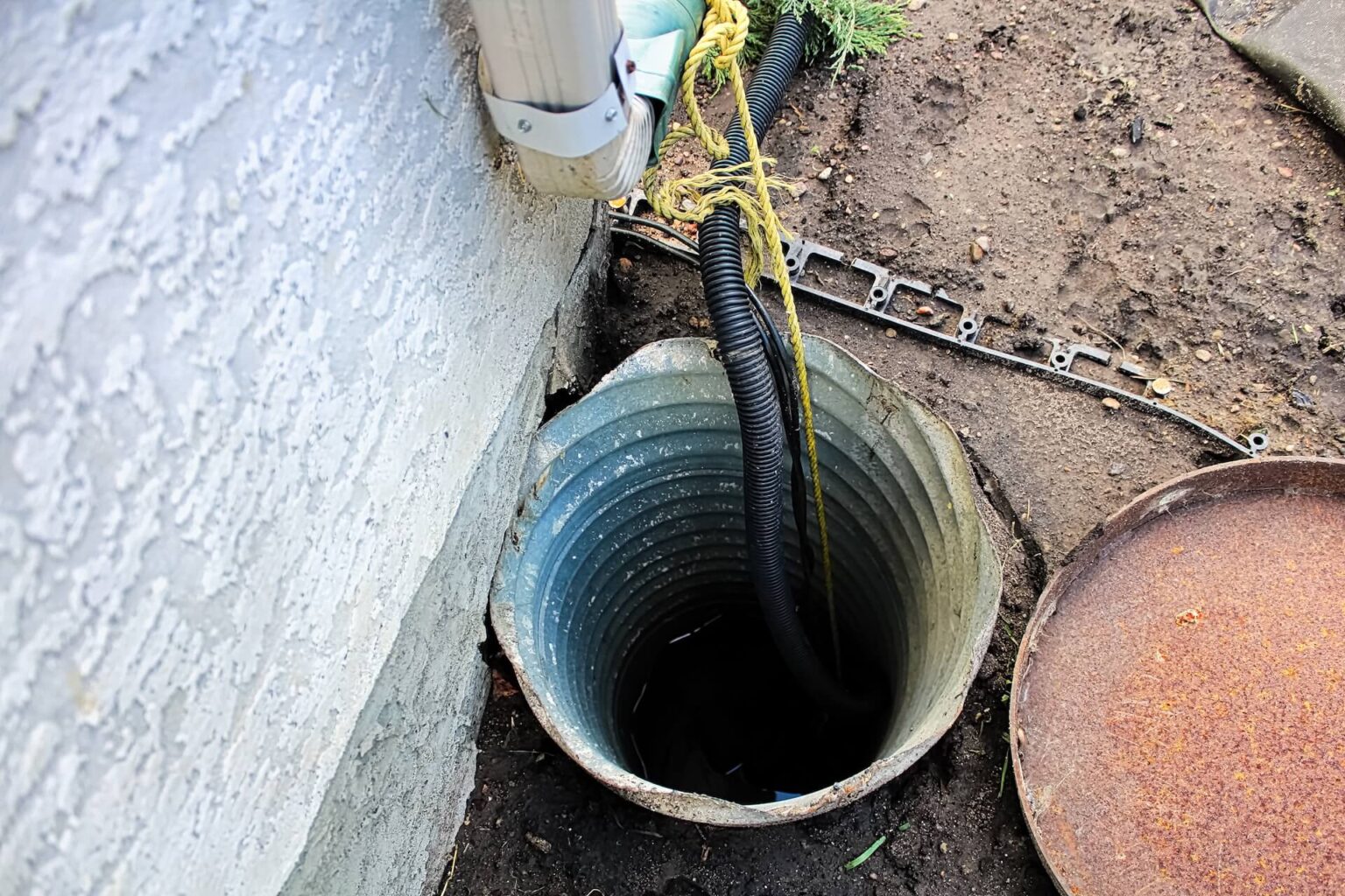 A corrugated metal sump pit installed in the ground next to a house wall, with a black pipe and yellow rope extending into the pit, and a rusty metal lid resting nearby on the dirt after a Sump Pump Install San Diego project.