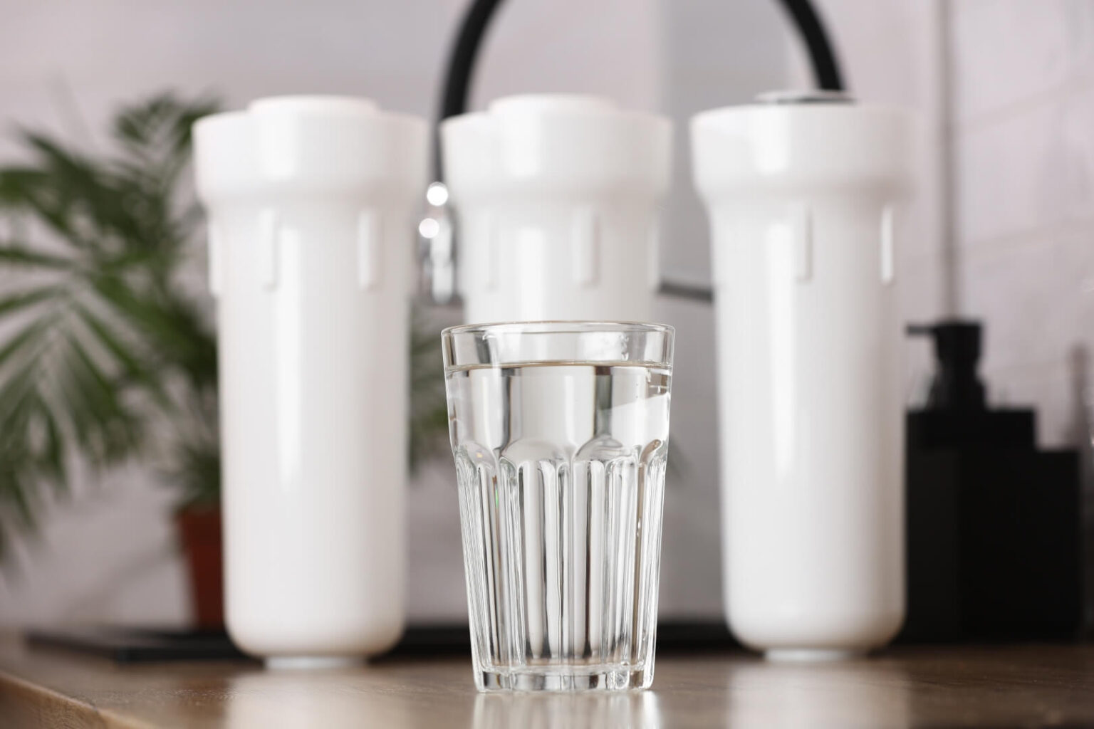 A clear glass of water sits on a wooden countertop in front of three white water filter units, showcasing the benefits of Water Filtration Installation San Diego, with a green plant and a black faucet visible in the background.