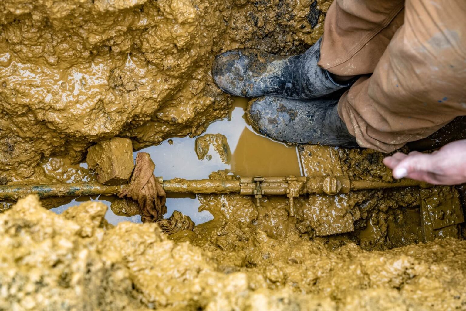 A person wearing muddy boots and brown pants stands in a trench filled with wet, yellow-brown mud, next to an exposed metal pipe covered in dirt during a Water Line Repair San Diego project.