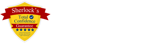 A yellow and red shield-shaped badge labeled "Sherlock's Total Confidence Guarantee" with five blue stars and a checkmark, next to faint, partially visible promotional text.
